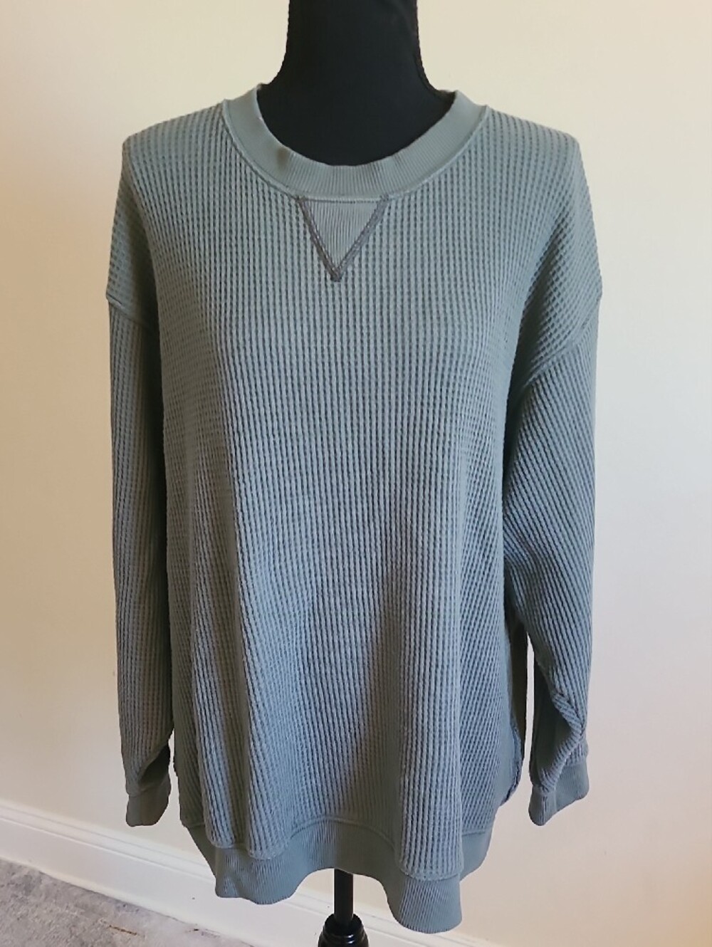 Aerie The Sweat Waffle Crew Neck Sweatshirt Women L Green Oversized Thermal